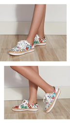 New Popular Womens Shoes Colorful Beautiful Flower Printing Shoes Lace-up Flat Women's Casual Womens Sneakers High-Quality Women's White Sports Casual Couple Shoes Summer Trainers Walking Sneakers Stevvex