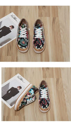 New Popular Womens Shoes Colorful Beautiful Flower Printing Shoes Lace-up Flat Women's Casual Womens Sneakers High-Quality Women's White Sports Casual Couple Shoes Summer Trainers Walking Sneakers Stevvex