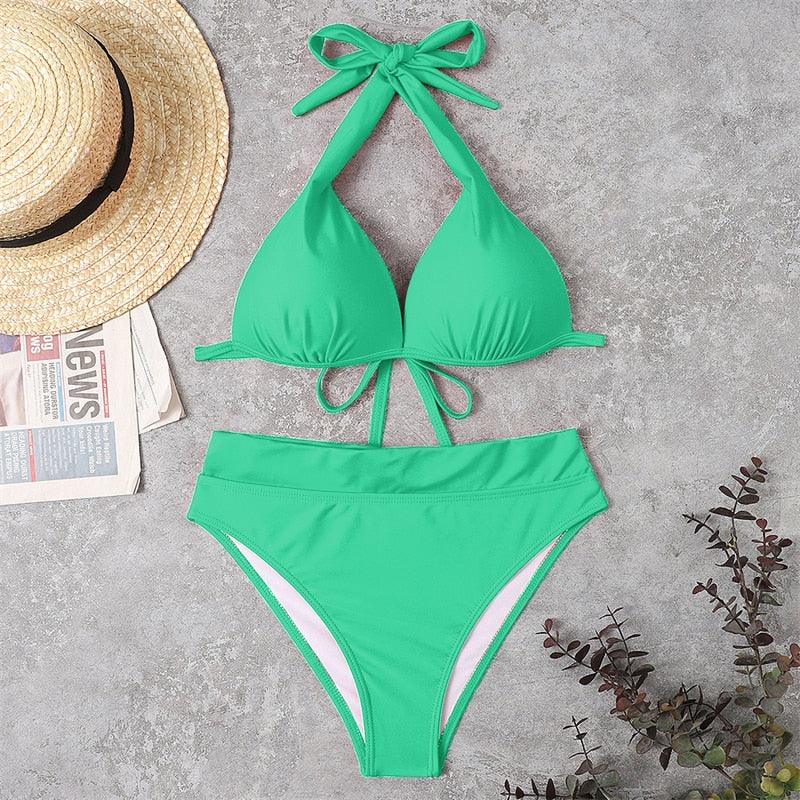 Push Up Bikini New Two Piece Swimsuit Women High Waist Black Pink Bikinis Set Women's Halter Padded Top Push Up Bikini Set Two Piece Swimsuits Bathing Suits Beachwear Swimwear Beachwear Bathing Suit Stevvex