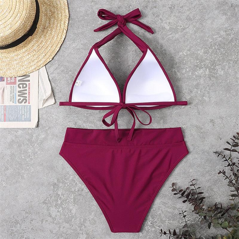 Push Up Bikini New Two Piece Swimsuit Women High Waist Black Pink Bikinis Set Women's Halter Padded Top Push Up Bikini Set Two Piece Swimsuits Bathing Suits Beachwear Swimwear Beachwear Bathing Suit Stevvex