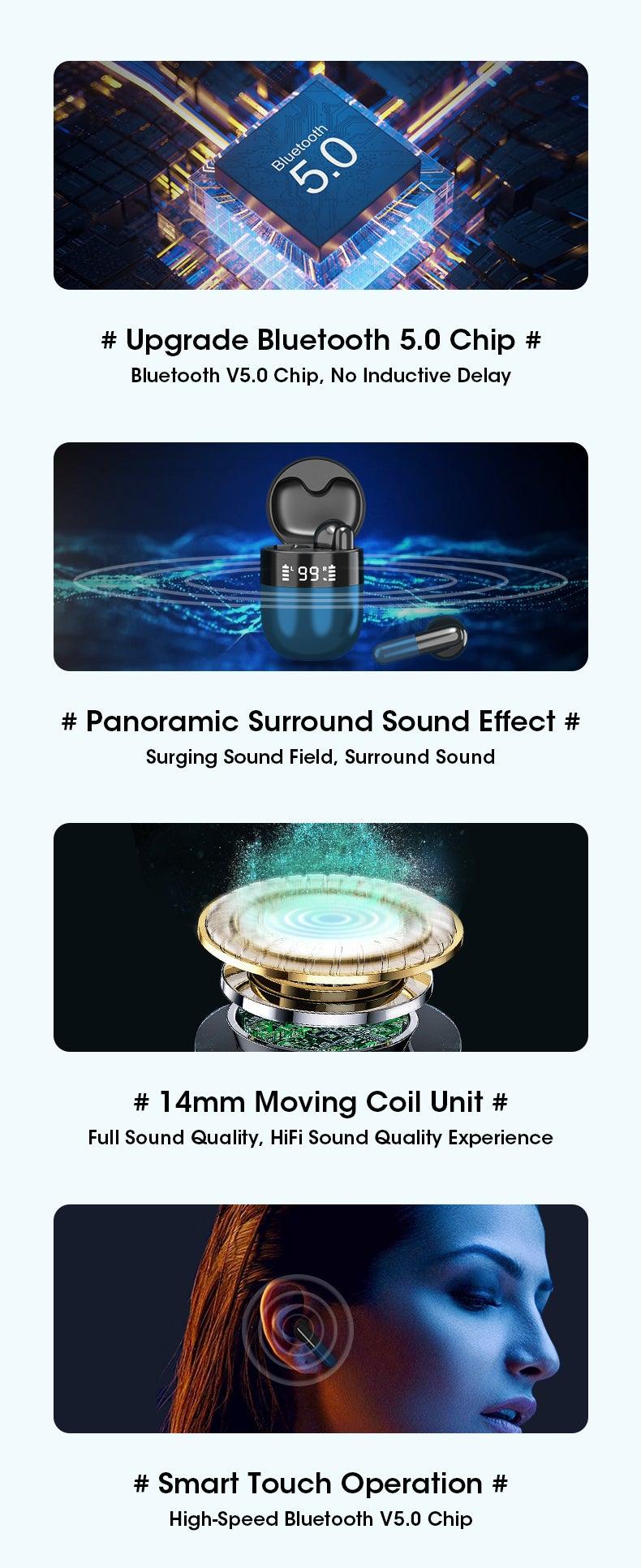 Sports WearableWireless  Headphones Fast Conecting Music Sweatproof Wireless Earbuds Smart LED Display Bluetooth Earphones HD Call Headphone With Microphone Touch Control Waterproof Headset With Charging Case 300mAH Stevvex