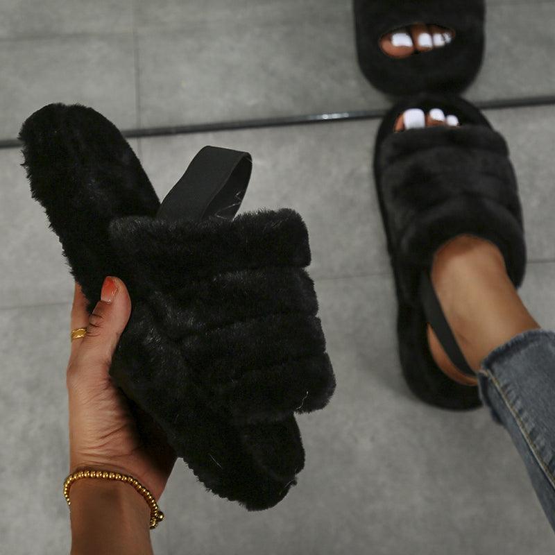 New Shallow Flats Slippers Warm Women Casual Winter Short Plush Home Cotton Fashion Dress Flip Flops Open Toe Slide Slippers Cozy Memory Foam House Shoes Stevvex