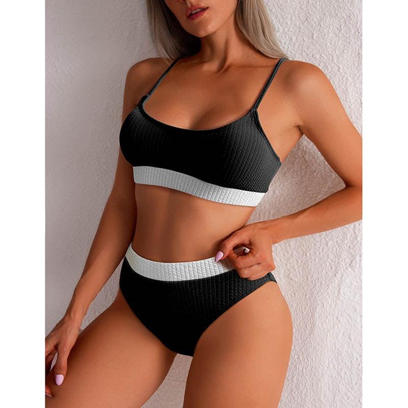 High Waist Bikinis Swimwear Women Push Up Swimsuits Solid High Waist Bikini Sets Sporty Two Pieces Swimsuit Scoop Neck Bathing Suits for Women Ribbed Bathing Suits High Cut Summer Beachwear Stevvex