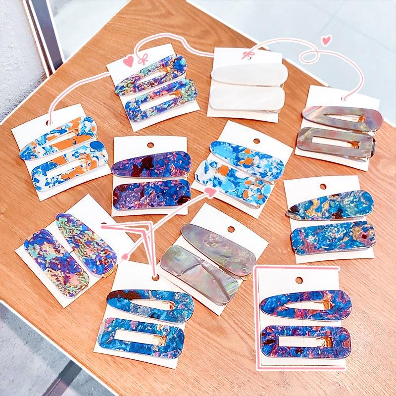 2PCS/Set Fashion WomenElegant Acrylic Geometric Hairpin Sweet Girl Hair Clip Marble Textured Barrettes Headband Gorgeous Hair Accessories For Women Stevvex
