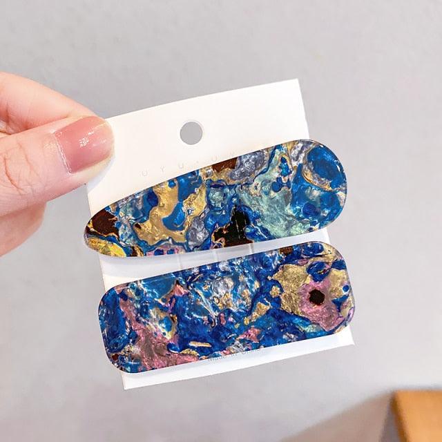 2PCS/Set Fashion WomenElegant Acrylic Geometric Hairpin Sweet Girl Hair Clip Marble Textured Barrettes Headband Gorgeous Hair Accessories For Women Stevvex