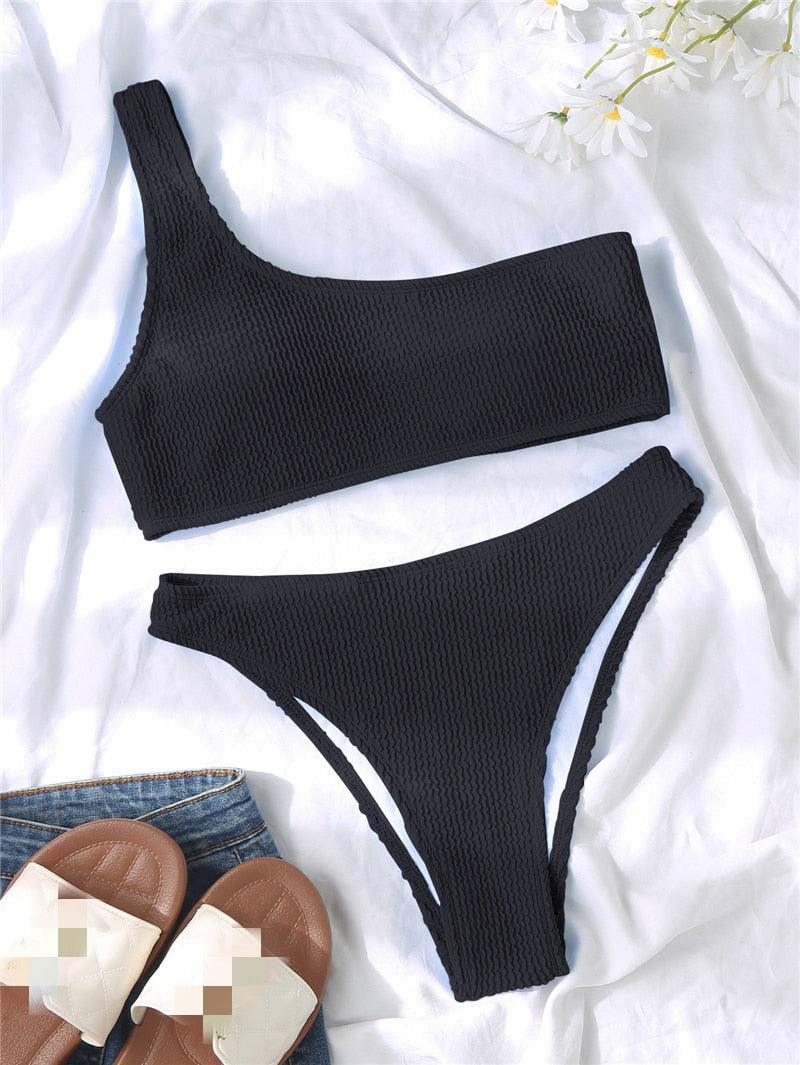 Women One-Shoulder Bikini Swimsuit Women Push Up Swimwear Women's Bathing Suit Comfortable Bikini Ribbed Two Piece Swimsuit Bikini Set Summer Bathing Suit Beach Wear Swimming Suit Stevvex