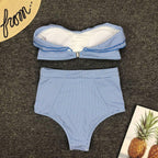 Retro Blue White Striped High Waist Bikini Lady Swimwear Women Swimsuit Female Ruffle Swim Bathing Suit  Piece Vintage High Waist Bikini Set Ruffled Swimsuits For Women Bathing Suits Stevvex