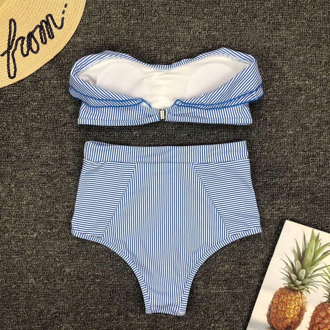 Retro Blue White Striped High Waist Bikini Lady Swimwear Women Swimsuit Female Ruffle Swim Bathing Suit  Piece Vintage High Waist Bikini Set Ruffled Swimsuits For Women Bathing Suits Stevvex