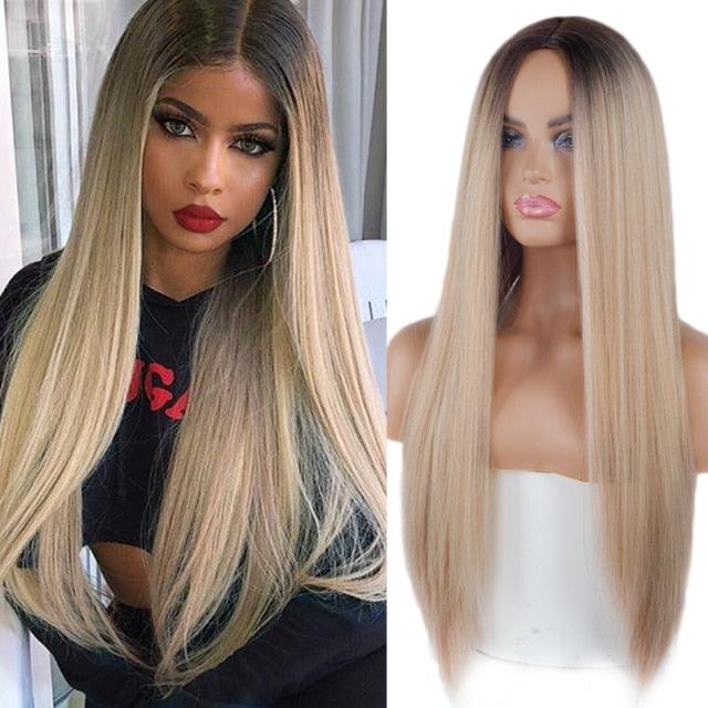Long Straight Synthetic Black Wig Mixed Brown and Blonde Long Wig For Black Women Middle Part Nature Wigs For Black Women Cosplay Wigs For Women Stevvex