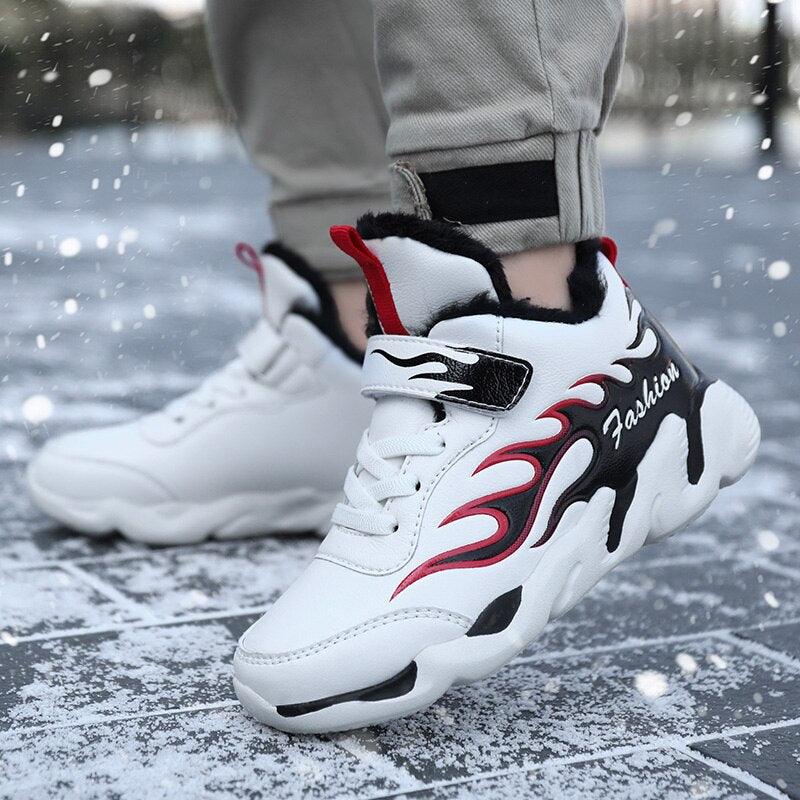 Winter Kids Sneakers Leather Children Sports Shoes Plush Warm Running Shoes For Boys Fashion Casual Walking Sneakers Water Resistant Hiking Boots Non Slip Athletic Outdoor Sneakers Stevvex