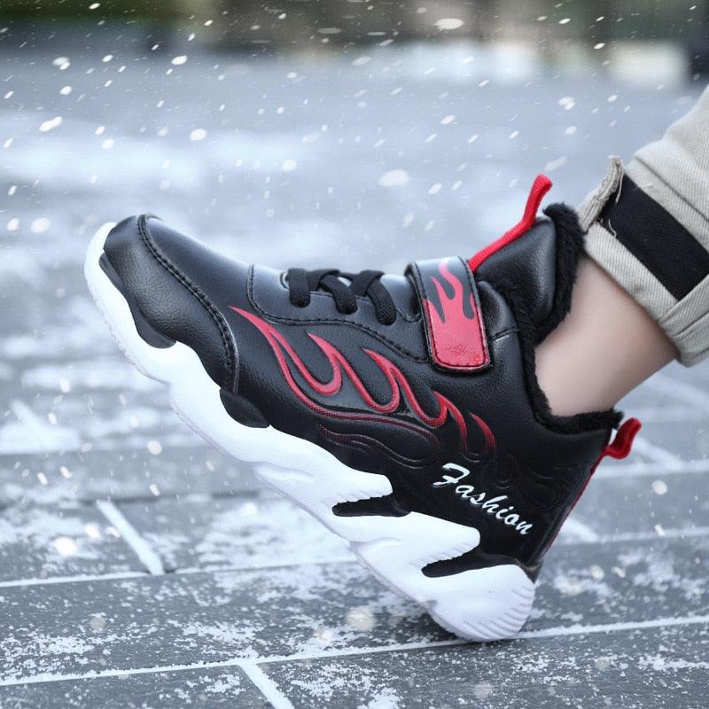 Winter Kids Sneakers Leather Children Sports Shoes Plush Warm Running Shoes For Boys Fashion Casual Walking Sneakers Water Resistant Hiking Boots Non Slip Athletic Outdoor Sneakers Stevvex