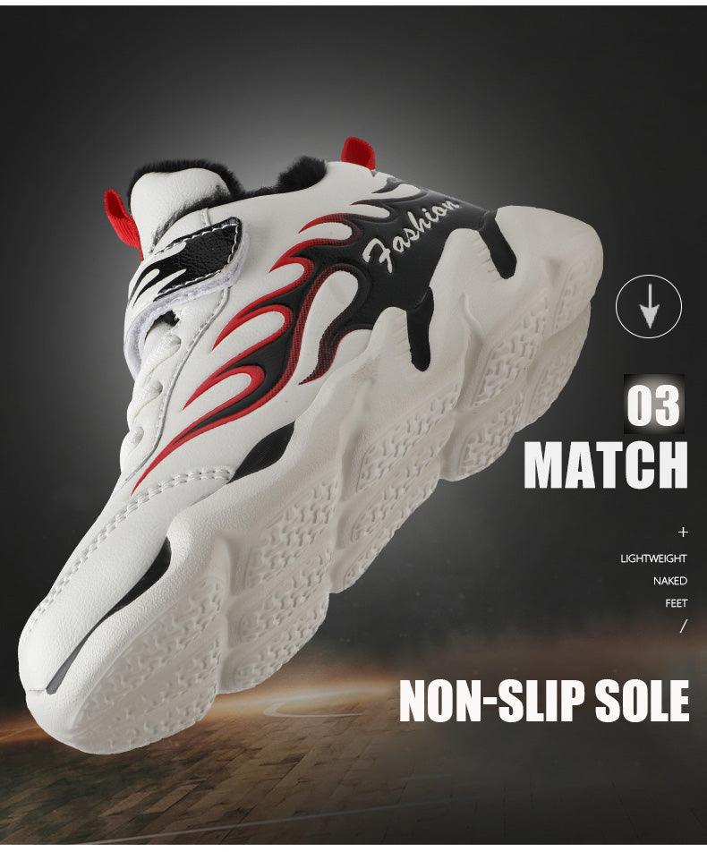 Winter Kids Sneakers Leather Children Sports Shoes Plush Warm Running Shoes For Boys Fashion Casual Walking Sneakers Water Resistant Hiking Boots Non Slip Athletic Outdoor Sneakers Stevvex