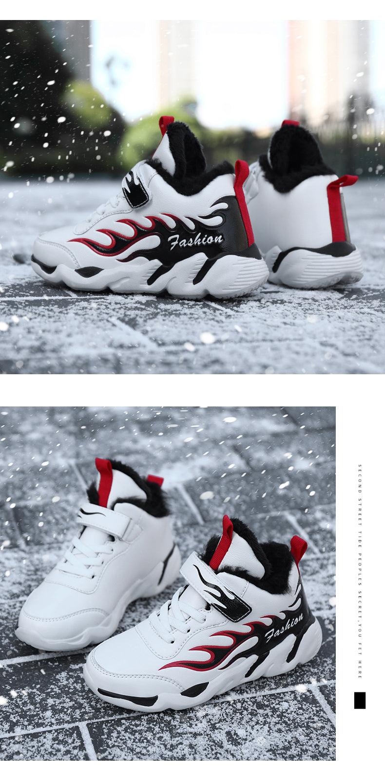Winter Kids Sneakers Leather Children Sports Shoes Plush Warm Running Shoes For Boys Fashion Casual Walking Sneakers Water Resistant Hiking Boots Non Slip Athletic Outdoor Sneakers Stevvex