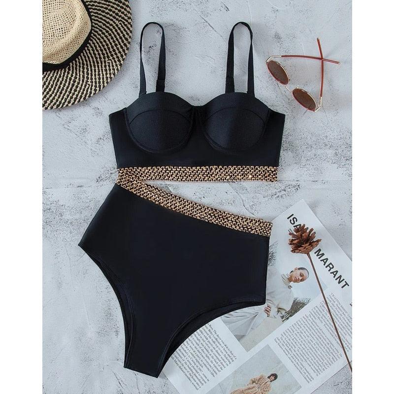 Luxury Women Black Bikini High Waist Swimwear Female 2 Pieces Set Swimsuit Bathing Suit Women Beach Women's High Waisted Bandage Bikini Set Two Piece Push Up Swimsuits Stevvex