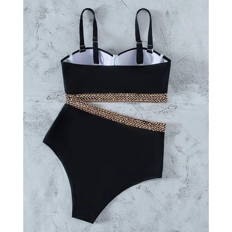 Luxury Women Black Bikini High Waist Swimwear Female 2 Pieces Set Swimsuit Bathing Suit Women Beach Women's High Waisted Bandage Bikini Set Two Piece Push Up Swimsuits Stevvex