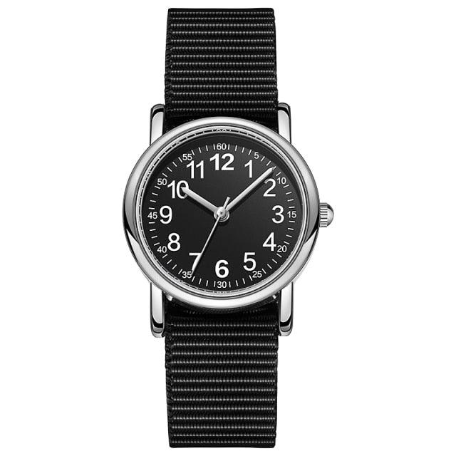 Easy To Read Quartz Watches Nylon Strap Sweat Proof Movement Analog Watch For Girls Boys Teens Minimalist Wrist Watch With Soft Band Learning Time Watch First Watch Soft Cloth Strap Stevvex