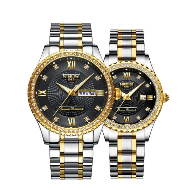 Business Black Couple Watches Top Luxury Mens Watches Auto Date Quartz Wristwatch Gold Watch Men Diamond Stainless Steel Waterproof Luminous Business Casual Luxury Watch For Men Stevvex
