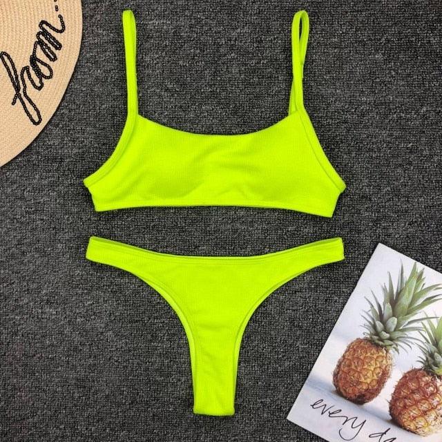 Neon Yellow Green Swimsuit Women Push Up Padded Micro Bikini Summer Beach Bathing Suit Beach Swimwear  Women's Scoop Neck Cut Out Front Lace Up Back High Cut One Piece Swimsuit Stevvex