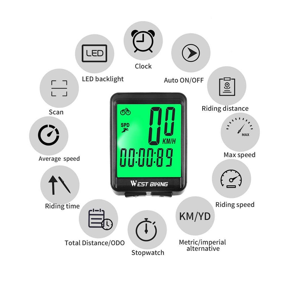 Bicycle Computer Road Bike Table Light Wired Wireless Waterproof Luminous Speedometer Waterproof Cycling Odometer Smart Sensor Auto Wake-Up Multi-Function Bicycle Speed Tracker With LCD Backlight Display Stevvex