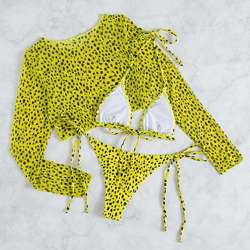 Leopard Print 3 Piece Set Long Sleeves Swimsuit 3 Piece Swimsuit Set Halter High Waist Bathing Suit With Long Sleeve Swimwear Cover Up Women's Swimming Bikini Low Waist Swimwear Women Bathing Suit Stevvex