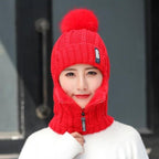Coral Fleece Winter Women Knitted Hats Add Fur Warm Winter Hats For Women With Zipper Keep Face Warmer Balaclava Pompoms Cap Balaclava Gorgas Bonnet Knitted Hat Windproof Ski Mask Cold Weather Face Mask Motorcycle Balaclava Hood Warmer Winter Sports Cap Stevvex