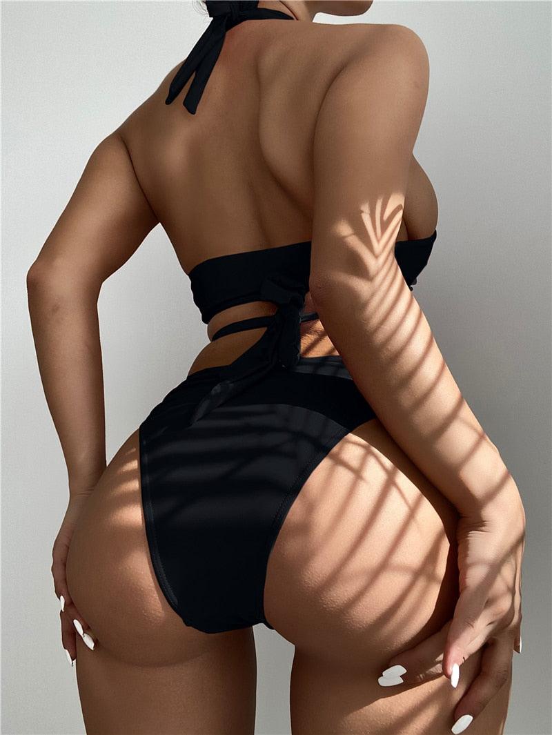 Halter Hollow Cross Bikinis Set Swimsuit Women's New Solid Two-Piece Swimwear Two Piece Swimsuit Halter Crisscross Cut Out Bikini Wrap Top with High Waist  Bottom Beach Swimwear Summer Beachwear Woman Bath Bathing Suit Stevvex
