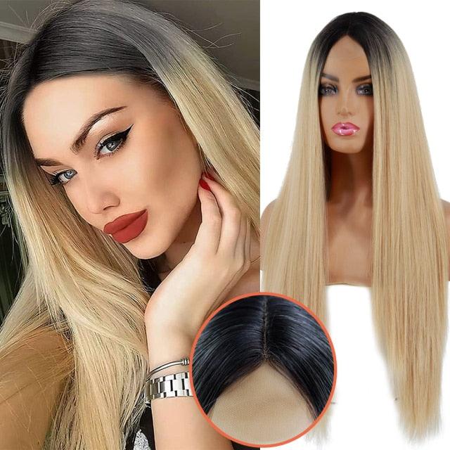 Long Straight Synthetic Black Wig Mixed Brown and Blonde Long Wig For Black Women Middle Part Nature Wigs For Black Women Cosplay Wigs For Women Stevvex