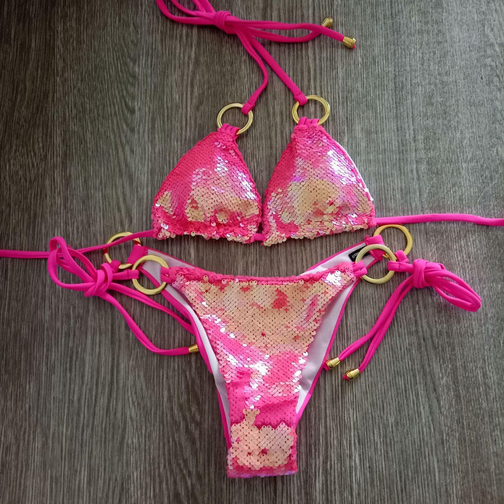Shiny Solid Bikini Swimsuit Halter Swimwear Bathing Suit Women Bling Sequin Bikini Set Beach Wear Women Shiny Bikini Micro String Two Pieces Swimsuit Female Summer Swimwear Stevvex