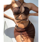 Halter Hollow Cross Bikinis Set Swimsuit Women's New Solid Two-Piece Swimwear Two Piece Swimsuit Halter Crisscross Cut Out Bikini Wrap Top with High Waist  Bottom Beach Swimwear Summer Beachwear Woman Bath Bathing Suit Stevvex