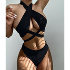 Halter Hollow Cross Bikinis Set Swimsuit Women's New Solid Two-Piece Swimwear Two Piece Swimsuit Halter Crisscross Cut Out Bikini Wrap Top with High Waist  Bottom Beach Swimwear Summer Beachwear Woman Bath Bathing Suit Stevvex