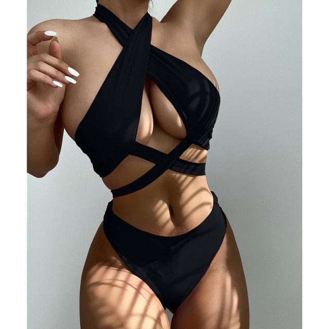 Halter Hollow Cross Bikinis Set Swimsuit Women's New Solid Two-Piece Swimwear Two Piece Swimsuit Halter Crisscross Cut Out Bikini Wrap Top with High Waist  Bottom Beach Swimwear Summer Beachwear Woman Bath Bathing Suit Stevvex