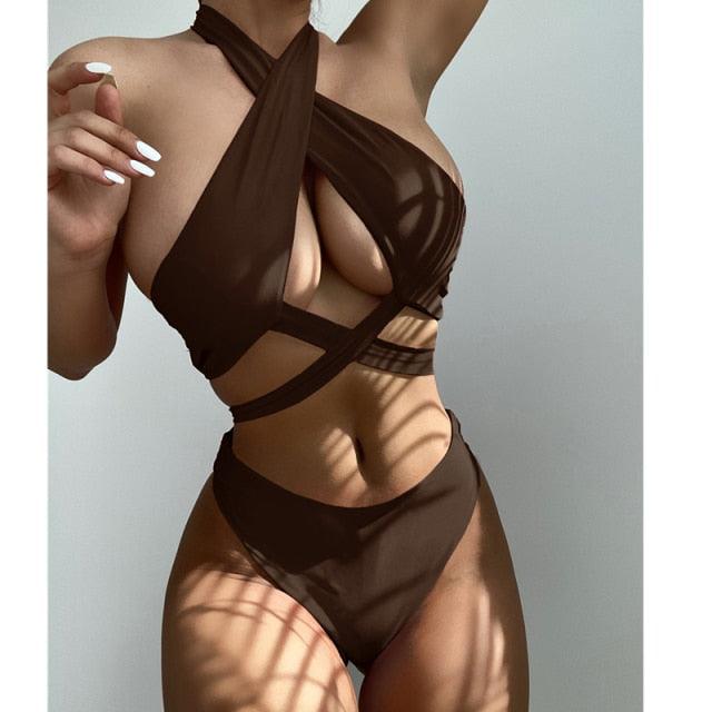 Halter Hollow Cross Bikinis Set Swimsuit Women's New Solid Two-Piece Swimwear Two Piece Swimsuit Halter Crisscross Cut Out Bikini Wrap Top with High Waist  Bottom Beach Swimwear Summer Beachwear Woman Bath Bathing Suit Stevvex