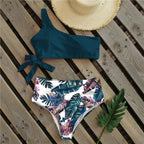 Bikinis Women New One Shoulder Swimwear High Waist Swimsuit Bandage Bathing Suits Beach Wear Female Lace Two Piece Swim Dress with Bikini Bottom Bathing Suits Stevvex