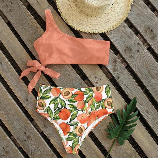 Bikinis Women New One Shoulder Swimwear High Waist Swimsuit Bandage Bathing Suits Beach Wear Female Lace Two Piece Swim Dress with Bikini Bottom Bathing Suits Stevvex