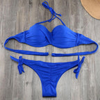 Bikini Solid Strappy Bandage Bikinis Set White Push Up Bikini Swimwear Swimsuit Bathing Suit Women's Ribbed Tie Bikini Adjustable Lace Up Bottom String Women Swimsuit Stevvex