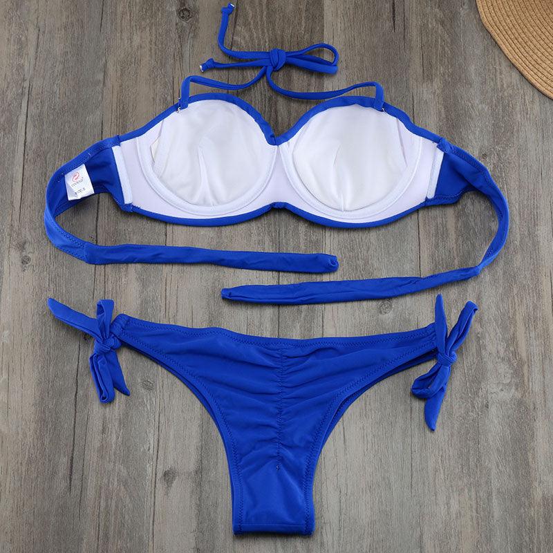 Bikini Solid Strappy Bandage Bikinis Set White Push Up Bikini Swimwear Swimsuit Bathing Suit Women's Ribbed Tie Bikini Adjustable Lace Up Bottom String Women Swimsuit Stevvex
