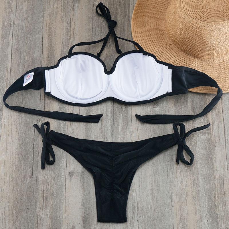 Bikini Solid Strappy Bandage Bikinis Set White Push Up Bikini Swimwear Swimsuit Bathing Suit Women's Ribbed Tie Bikini Adjustable Lace Up Bottom String Women Swimsuit Stevvex