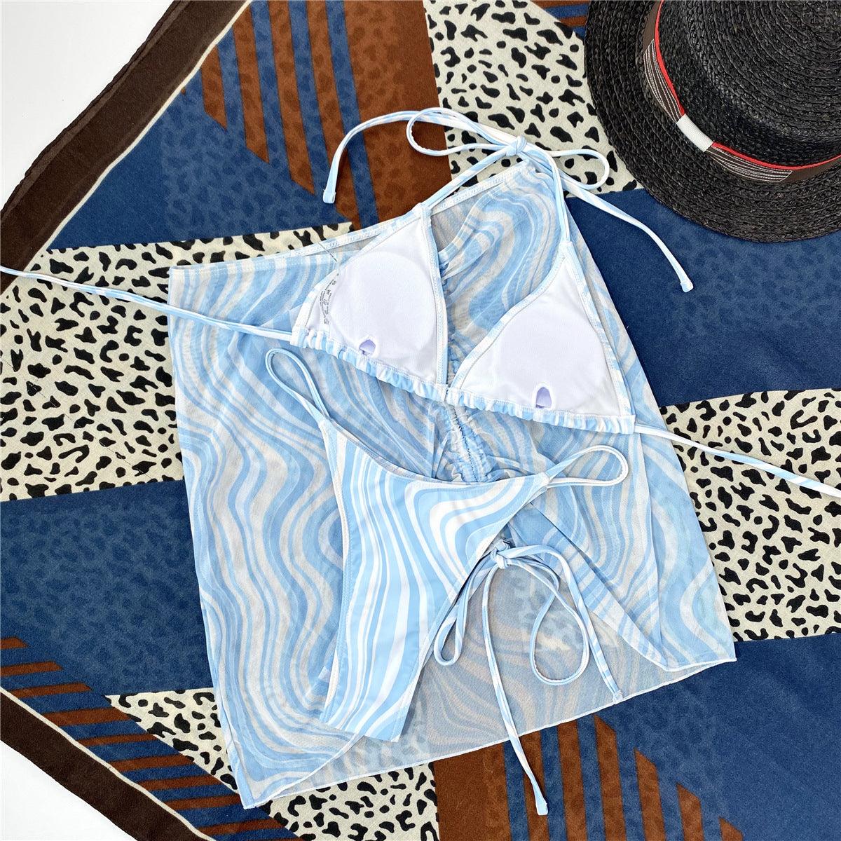 Modern Print Bikini Triangle Swimsuit  Bikini 3 Piece Set Women's Swimsuit with Short Mesh Sheer Wrap Cover Ups Beach Skirt Bathing Suit Women Halter Swimwear Women Skirt 3 Pieces Set Elegant Bathing Suit Beach Wear Stevvex