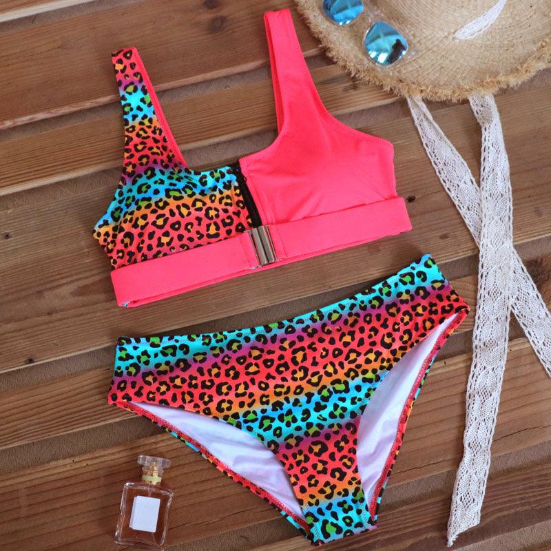 Women Bikini Set Leopard Swimwear Women High Waist String Floral Printed 2 Piece Bathing Suits Women Patchwork Swimsuits Push Up Printed Bikinis Buckle Front Beach Wear Stevvex