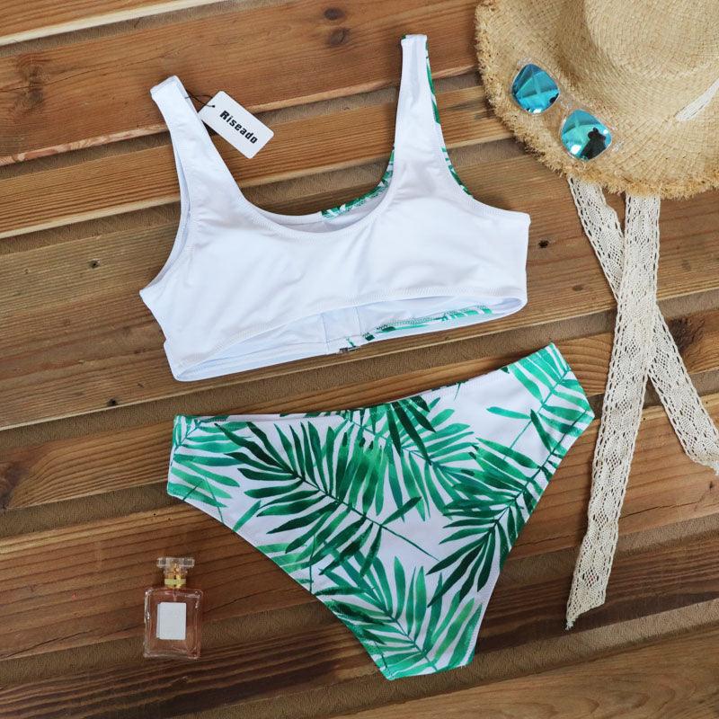 Women Bikini Set Leopard Swimwear Women High Waist String Floral Printed 2 Piece Bathing Suits Women Patchwork Swimsuits Push Up Printed Bikinis Buckle Front Beach Wear Stevvex