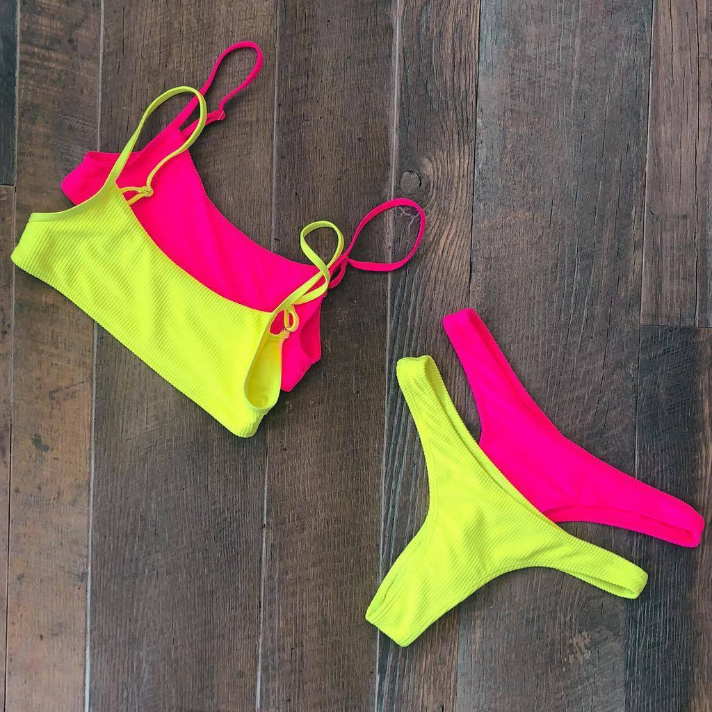 Neon Yellow Green Swimsuit Women Push Up Padded Micro Bikini Summer Beach Bathing Suit Beach Swimwear  Women's Scoop Neck Cut Out Front Lace Up Back High Cut One Piece Swimsuit Stevvex