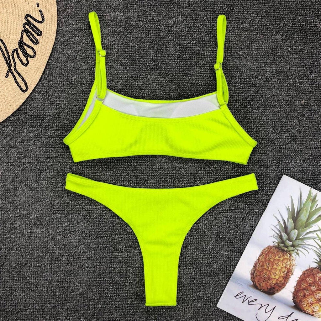 Neon Yellow Green Swimsuit Women Push Up Padded Micro Bikini Summer Beach Bathing Suit Beach Swimwear  Women's Scoop Neck Cut Out Front Lace Up Back High Cut One Piece Swimsuit Stevvex