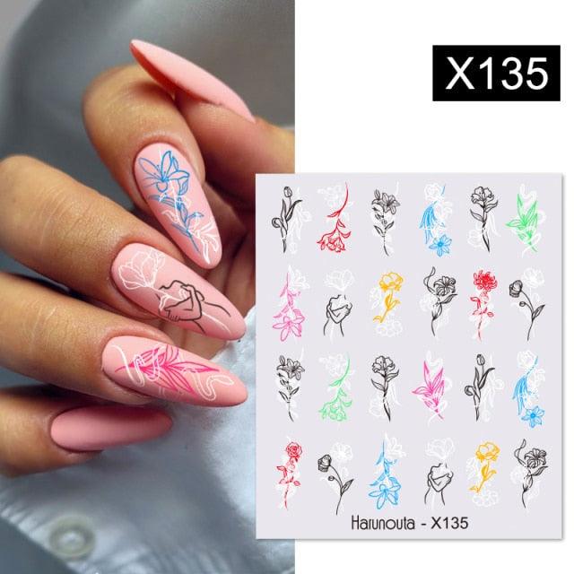 Black Lines Flower Leaves Water Decals Stickers Floral Face Marble Pattern Slider For Nails Summer Nail Art Decoration Summer Stickers on Nails Simple Summer Slider for Manicure Nail Art Watermark Manicure Decor Stevvex