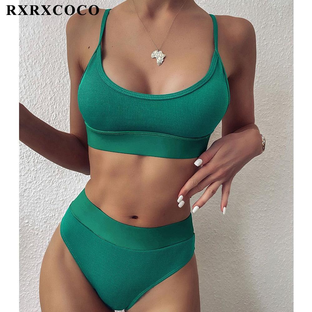 Swimwear Women Ribbed Bathing Suit Female Push Up Bikini Set Women's Bathing Suit Lace up Bikini Ribbed Two Piece Swimsuit Beachwear High Waist Bikini Women's Swimsuit Stevvex