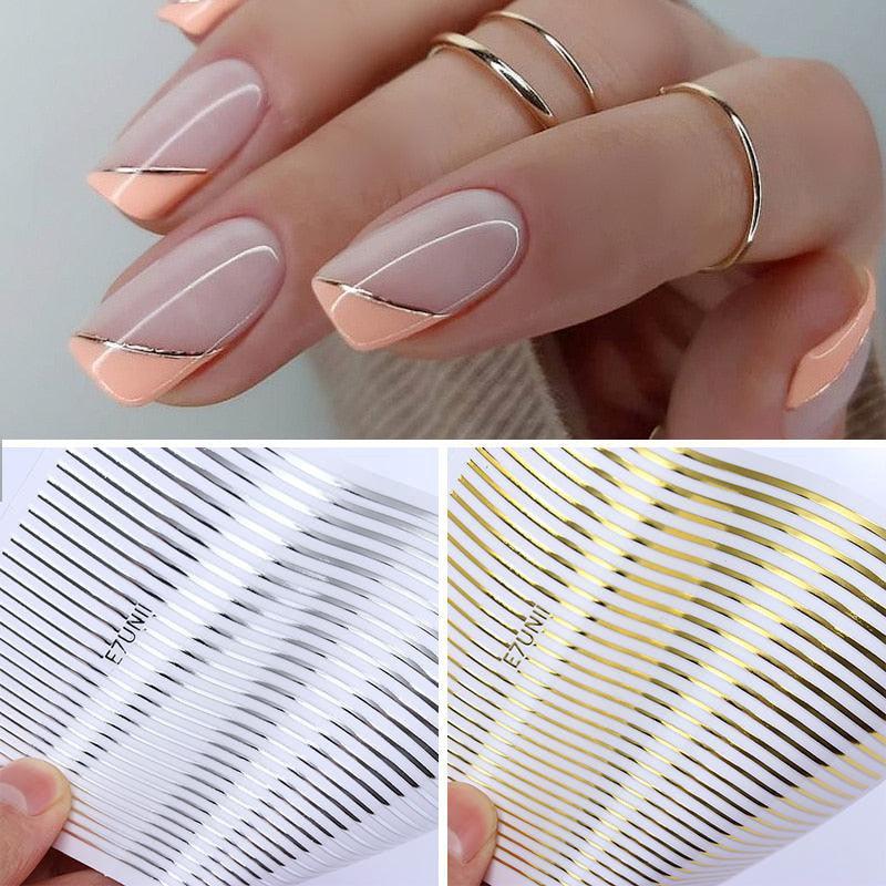 Black White 3D Nail Stickers Metal Gold Silver Geometric Tassel Strip Line Adhesive Transfer Decals Nail Art Design  Gold Silver Metal Nail Sticker  Metallic Curve Strip Line Nail Decal Self-Adhesive 3D Wave Design Nail Tips Decorations Manicure for Women Stevvex