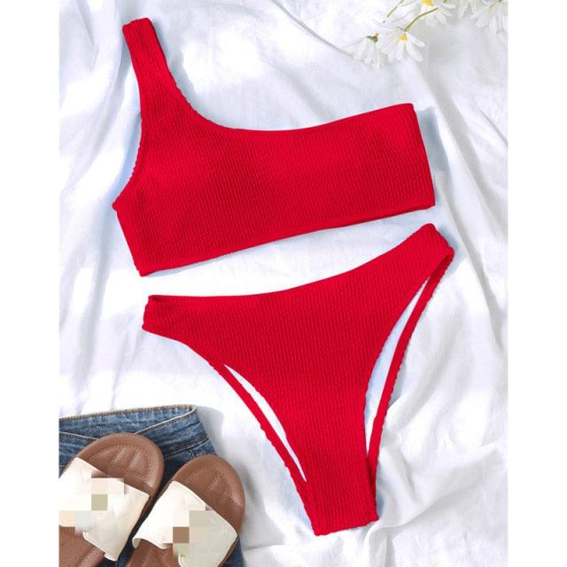 Women One-Shoulder Bikini Swimsuit Women Push Up Swimwear Women's Bathing Suit Comfortable Bikini Ribbed Two Piece Swimsuit Bikini Set Summer Bathing Suit Beach Wear Swimming Suit Stevvex