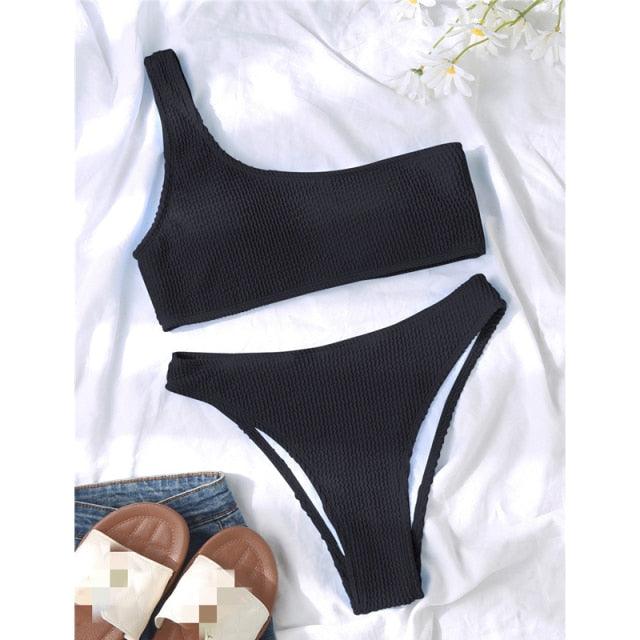Women One-Shoulder Bikini Swimsuit Women Push Up Swimwear Women's Bathing Suit Comfortable Bikini Ribbed Two Piece Swimsuit Bikini Set Summer Bathing Suit Beach Wear Swimming Suit Stevvex