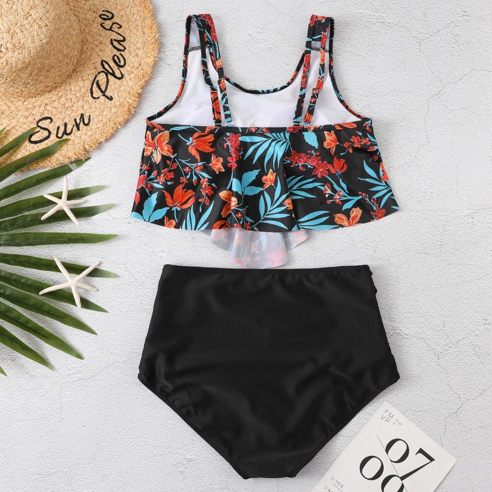 Women High Waist Bikini Plus Size Swimwear Summer Swimsuit Beach Bathing Suit Ruffle Bikini  Floral Printed Ruffle High Waist Bikini Set Women's Tummy Control Bathing Suit Swimsuit Flounce Peplum Stevvex