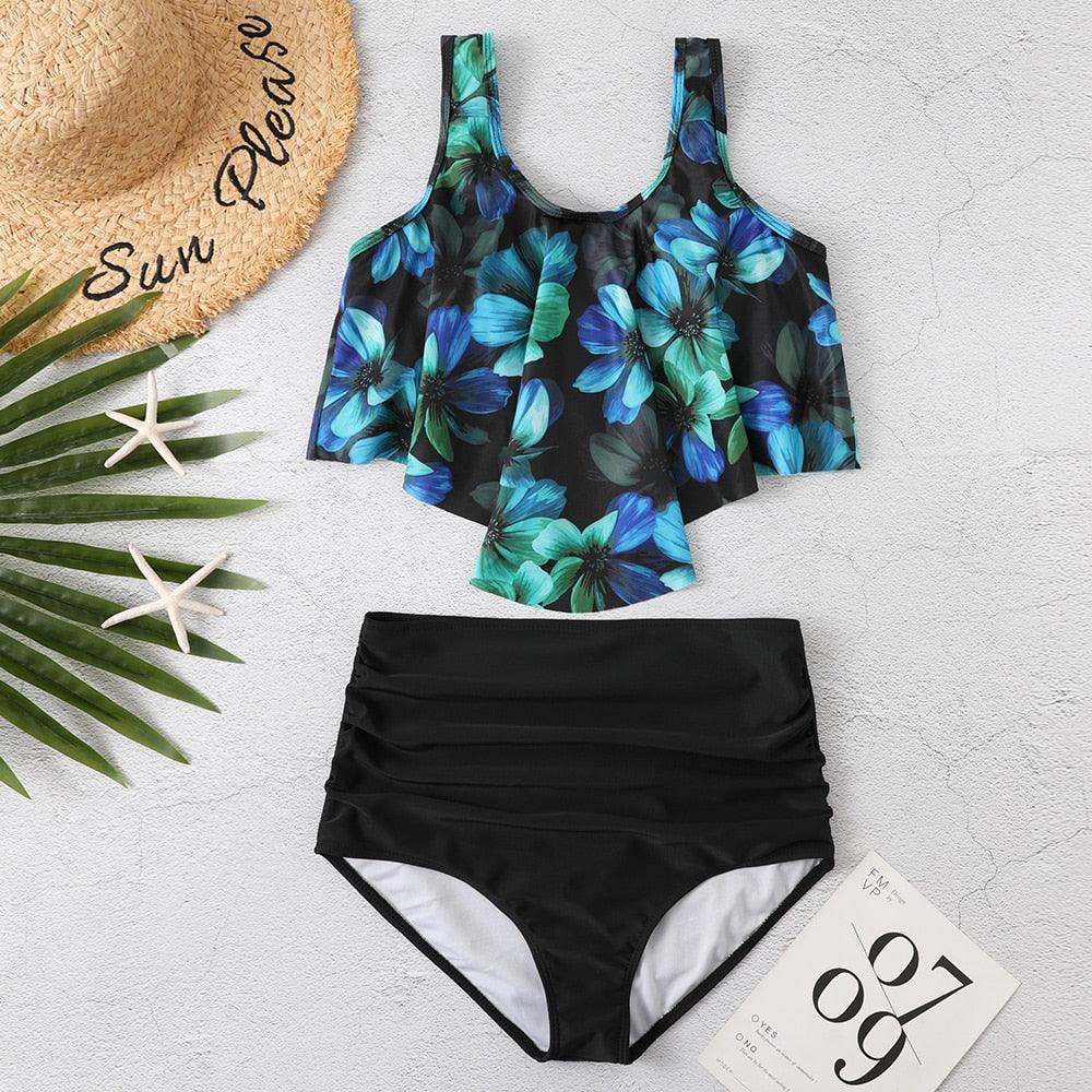 Women High Waist Bikini Plus Size Swimwear Summer Swimsuit Beach Bathing Suit Ruffle Bikini  Floral Printed Ruffle High Waist Bikini Set Women's Tummy Control Bathing Suit Swimsuit Flounce Peplum Stevvex