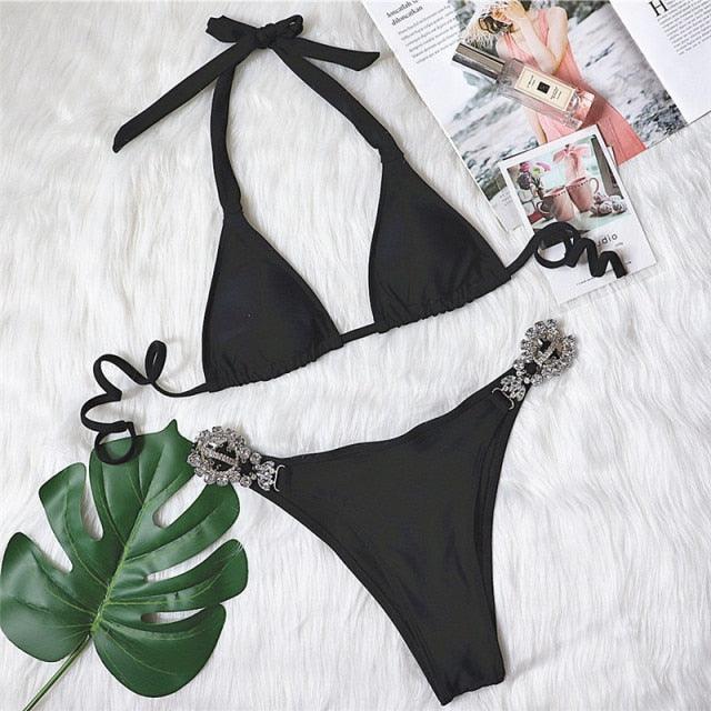 Shiny Diamond Bikini Push Up Halter Swimsuit Female Crystal Swimwear Women Bathing Suit New Women's Crystal Diamond Swimsuit High Cut Bikini Set Straps Two Piece Bathing Suit Stevvex